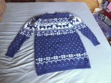 Strickkleid , Gr. XXL , 46 , Weihnachts-Motive , Hirsch , Rentier , Blau / Weiß