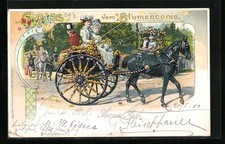Lithographie Pferdegespann beim Blumencorso 1900 