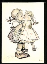 Künstler-AK Hummel: Puppenmütterchen, Mädchen küsst ihre Puppe 1958 