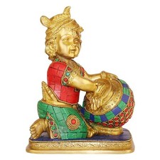 Messing Lord Bal Gopal Krishna Eating Butter Idol Statue Figur 17.8cm