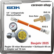 Druckregler  für Caravan Wohnmobil 30mbar Manometer + Schlauch 40cm 10mm Adapter