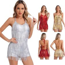 DE ranrann Damen Pailletten Fransenkleid Samba Rumba Tango Halter Partykleid
