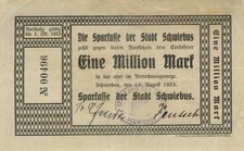 Schwiebus Sparkasse 1 Million Mark 1923 leicht gebr. (Mittenfalte) ohne Wz.