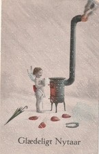 AK  Neujahr - Engel m. Schirm, Herzen + Hufeisen vorm Ofen - Verlag: L&P 6233/V.