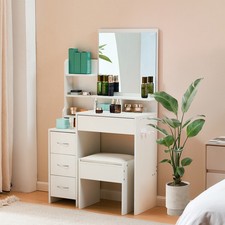Weißer Schminktisch mit 4 Schubladen Frisiertisch 3 Ablagen und Hocker Möbel