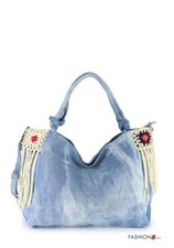 MICUSSI Damen Tasche Shopper Baumwolle Denim Jeans Blau Schwarz Fransen