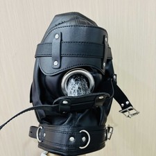Pu Leder Kopfhaube Kopfmaske Hood mit offenem Mundknebel schwarz Harness DE