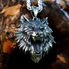 316L Edelstahl Wolf Wolfskopf Anhänger mit Kette - Halskette Edelstahl 60 cm