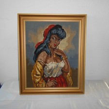 Gobelinbild Südländische schöne Frau 70 er Jahre Bild Gold-Holzrahmen 58 x 48 cm