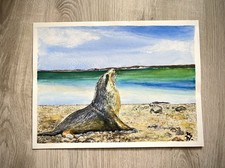 Original Aquarell – Seehund am Strand, handgemalt