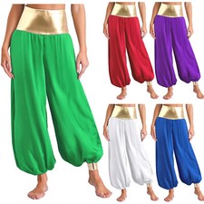 DE Damen Seidige Harem Hose Lang Bauchtanz Hose Hochtailliert Loose Belly Dance