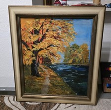  Acryl,Bild ,Malerei,Herbst am Rhein,Kunst UNIKAT HANDGEMALT,Holz- RAHMEN