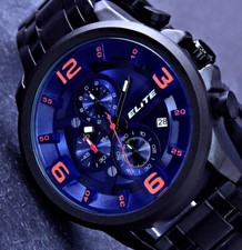 Elite Herren Edelstahl Armband Uhr 1/10 Chronograph Datum Anthrazit Schwarz Blau