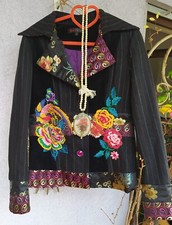 Frime Paris Folklore Stickerei Samt Satin Tweed Jacke 38 wie Desigual