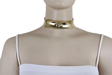 Damen Glänzend Gold Metall Platte Kleid Outfit Party Time Kurz Halsband Schläger