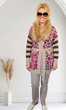 Strickjacke Strickmantel weich langarm Kunstfellkragen Gürtel Pink/Beige/Camel