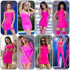 SeXy Nahtloses Minikleid Neonpink Pink Kleid Cut Outs Stretch Material GoGo