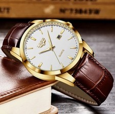 Herren Armbanduhr Braun Leder Elegant Sportlich Wasserdicht Quarzuhr für Busines