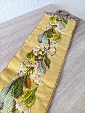 Vintage Dänischer Blumen Wandbehang Nadelspitze Kreuzstich Stickerei Glockenzug