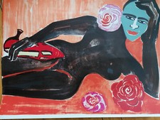 Original Elvira Bach Lithographie "Selbst mit Maske" 56,5 x 76,5 cm Signiert TOP
