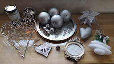 Paket Weihnachtsdeko SILBER - Herzen Kugel  Faltstern Teelichthalter Kunstschnee