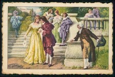 Romantische Rokokoszene flirtend Paar im Garten kolorierte Karte Ernst Kiesling