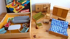 Puppenmöbel 1950er 60er Crailsheimer Wichtelmarke, Spinnrad u.a. Konvolut