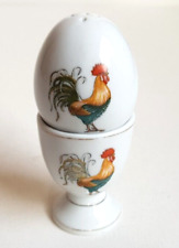 Eierbecher & Salzstreuer Porzellan Hahn Handbemalt Weiß Vintage