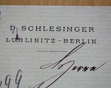 LUBLINITZ 1893, D. SCHLESINGER, Litho Rechnung Autograph an Landfried RAUENBERG