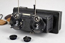 Antike Voigtländer Stereokamera / Stereoskop mit Lederköcher und Vorsatzlinsen