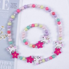 KINDERSCHMUCK HOLZ SET ARMBAND UND HALSKETTE EINHORN BLUME BUNT LEICHT NEU