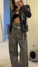 IRO Sequined Jacket Silber Schwarz Leder Croxley Biker extravagant Pailletten 38