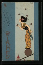 Künstler-Lithographie Raphael Kirchner: Mikado, Jugendstil, Balancierende Geish 