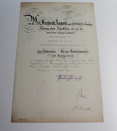 Urkunde sachsen verdienstorden - sachsen,