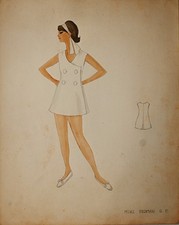 Modezeichnung Tenniskleid  A-Linie mini _ Bleistift / Aquarell - 37 x 30cm sign