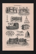 Lithografie 1908, Ernte-Maschinen I-III. Heupresse Heurechen