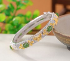 N02 Armreif zum Öffnen grüne Jade Blüten und Schmetterlinge Sterling Silber 925
