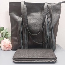 Echtleder Tasche mit Portemonnaie Fransen Schultertasche  Schwarz Neu Italy