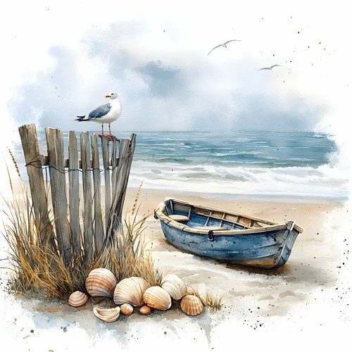 Wandbild möwe boot strand - boot,