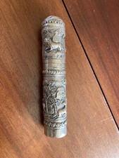 Zigarren Tube Zigarrenrohr Silber mit Basrelief 1920 Asien, 14 cm