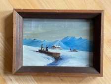 Antik Bild Ölbild Schnee Landschaft Berge Fluss 1947  signiert Holz 22,5x16,5 cm