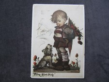 Vintage 50er Jahre Hummel Kunst Postkarte mit niedlichem Bild eines kleinen Jungen und seines Hundes
