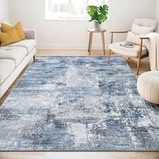 Teppich Wohnzimmer Waschbar 200x300cm Blau Grau Meliert Kurzflor rutschfest