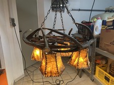 Geweihlampe, 4 Leuchteinheiten, Haut-Lampenschirme, E27-Fassung, Kupferrahmen