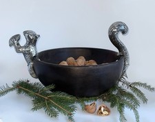 Vintage XXL Nussschale Schale Wooden Bowl Eichhörnchen  Silver Plated  Squirrel