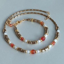 ✨balirena HALSKETTE+ARMBAND TURMALIN Rot Süßwasser-Perlen  HÄMATIT vergoldet 