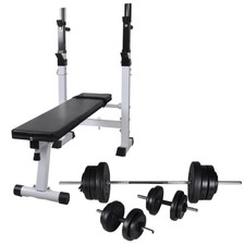 Hantelbank Trainingsbank Sport mit Ablage, Langhantel und Kurzhantel Set 60,5 kg