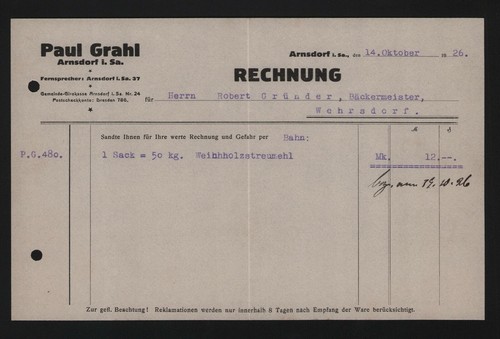 Arnsdorf rechnung 1926 paul - arnsdorf,,