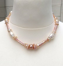 Keshi Perlenkette mit Stäbchen und Flats naturfarben handgefertigt Unikat 5696