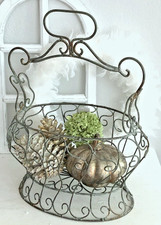 Shabby großer Korb Henkelkorb,  Eisen Grau, Französisches Landhaus, H: 45 cm,